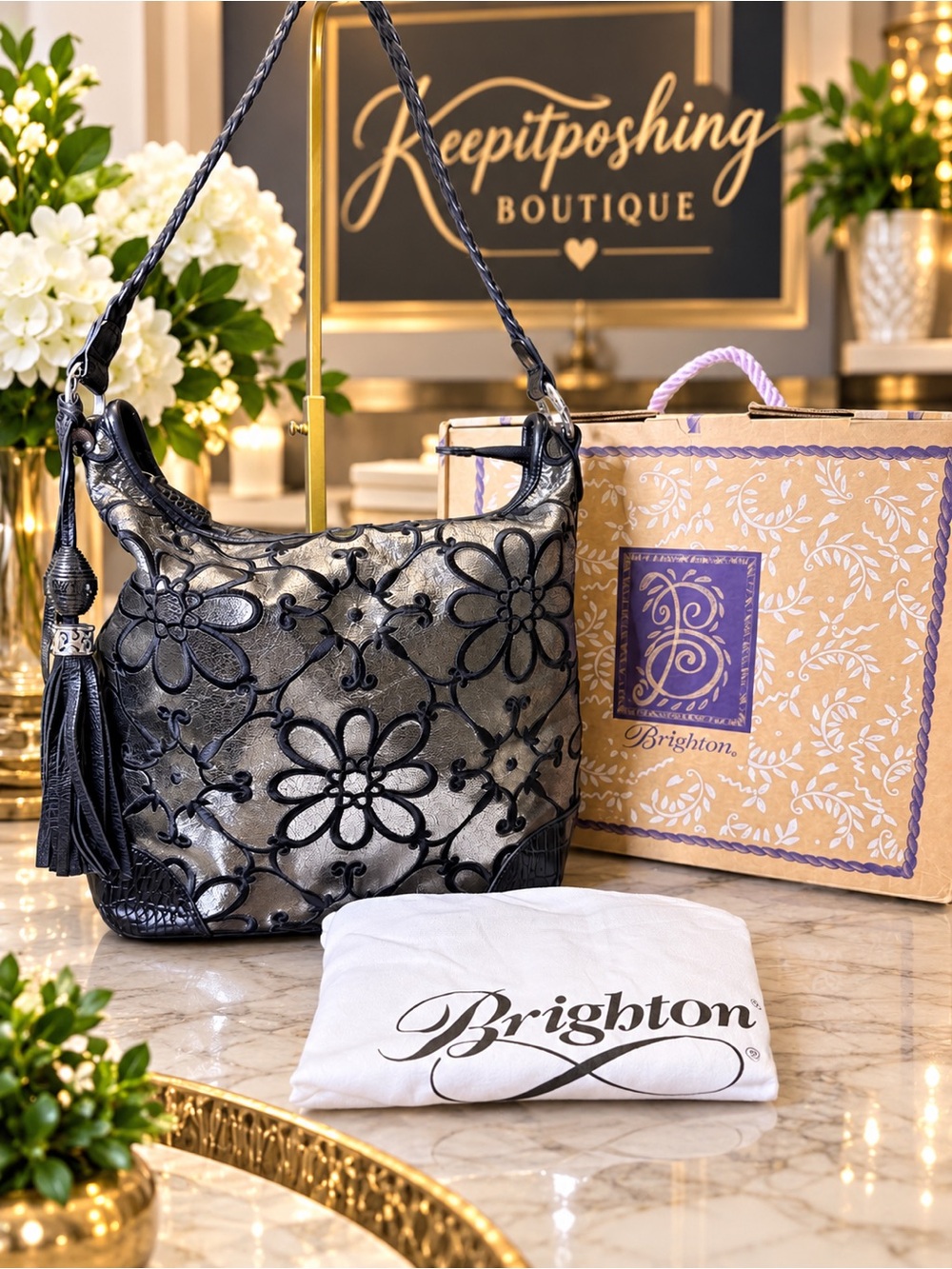Brighton Floral Applique Shoulder Bag in Metallic Silver and Black with gift box